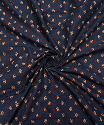 Dark Teal Blue Screen Print Floral Printed Cotton Fabric